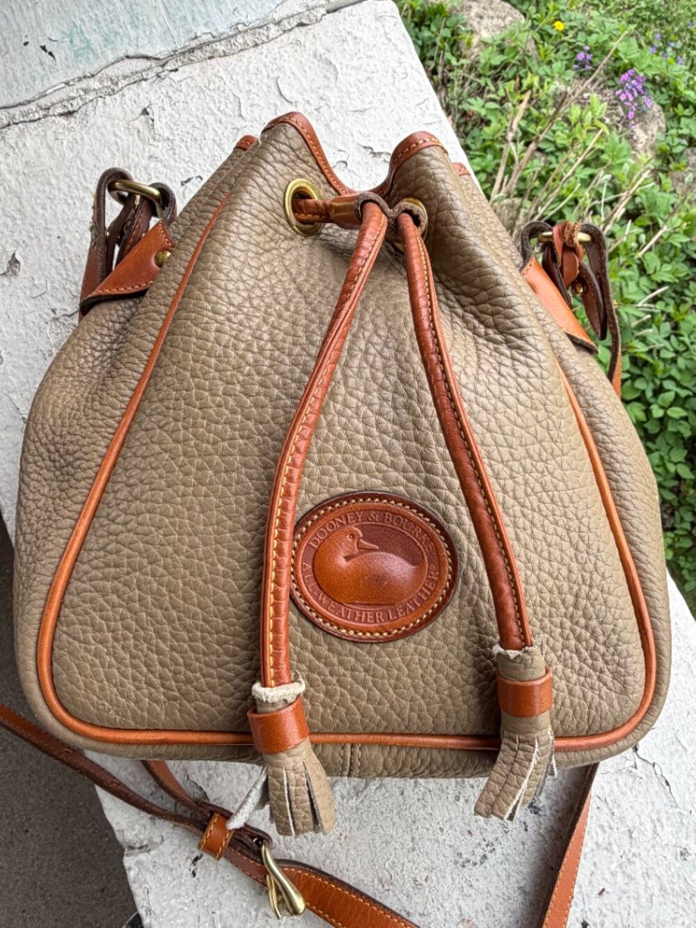 Dooney & Bourke Vintage USA 90s Mini Small Drawstring Bucket Taupe Crossbody Bag